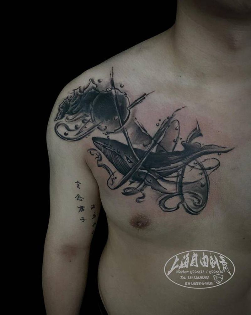 水墨鲸鱼遮盖纹身图片_胸部水墨鲸鱼纹身图案