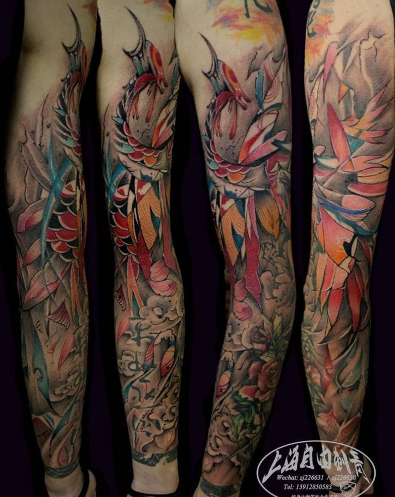 水墨凤凰花臂纹身图片_手臂水墨凤凰纹身图案