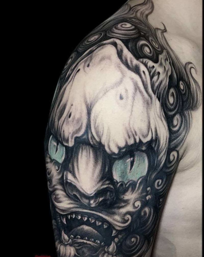 唐狮子纹身图片_手臂新传统唐狮子中国风守护纹身图案