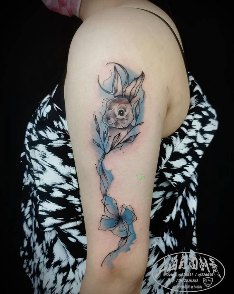 兔子纹身图片_手臂欧美写实水墨兔子纹身图案