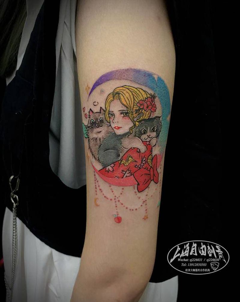 主人与猫纹身图片_手臂欧美写实New School猫纹身图案