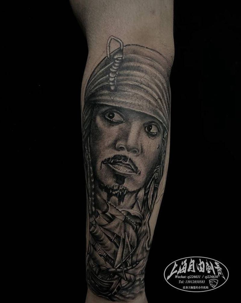 杰克船长纹身图片_手臂欧美写实杰克船长纹身图案