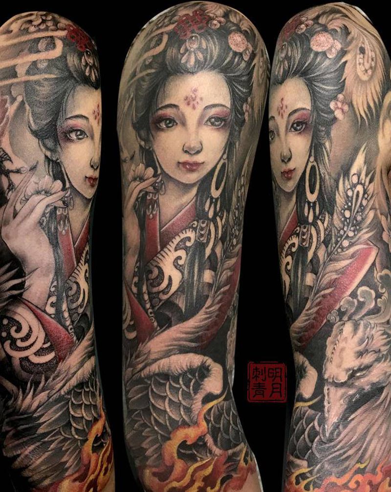 凤凰涅盘纹身图片_手臂新传统凤凰艺妓明月艺妓纹身图案
