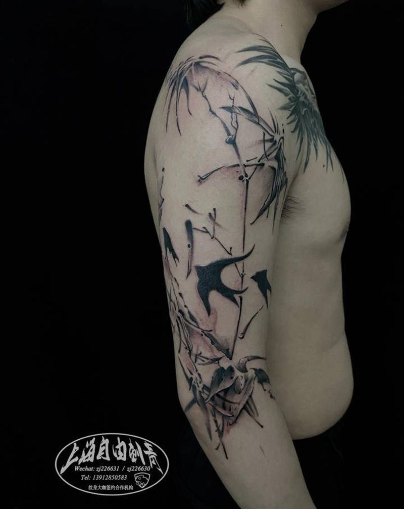 竹子纹身图片_手臂水墨新传统竹子纹身图案