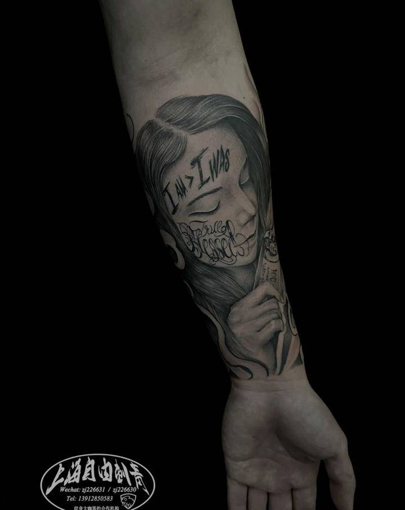 女人纹身图片_手臂欧美写实花体字女人美钞纹身图案