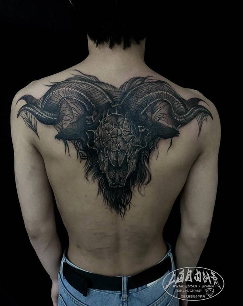 羊头纹身图片_手臂背部欧美写实羊头纹身图案