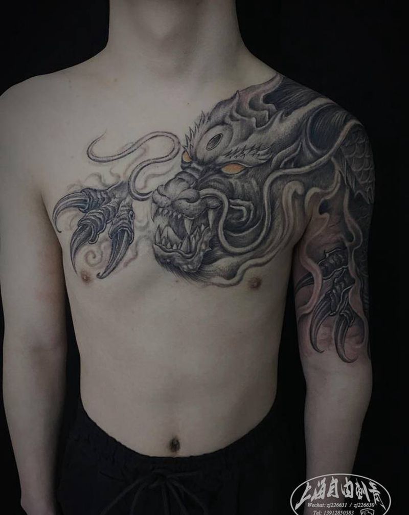 龙凤呈祥纹身图片_胸部手臂新传统龙纹身图案