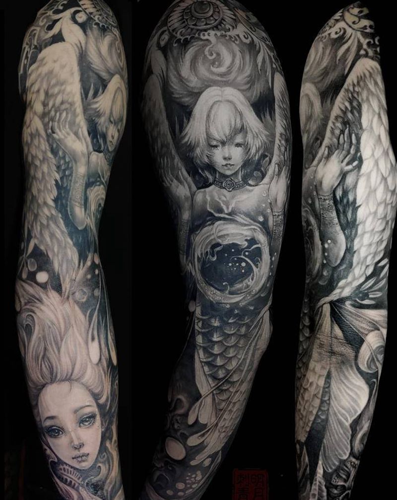 水天使纹身图片_手臂手部新传统天使动漫花臂纹身图案