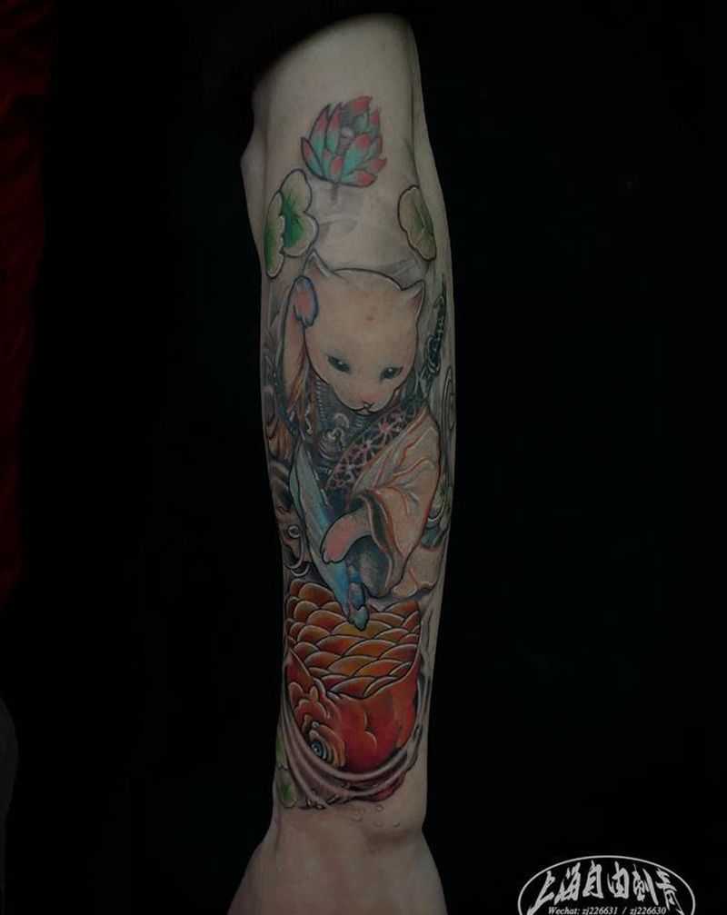 武士猫纹身图片_手臂新传统武士猫纹身图案