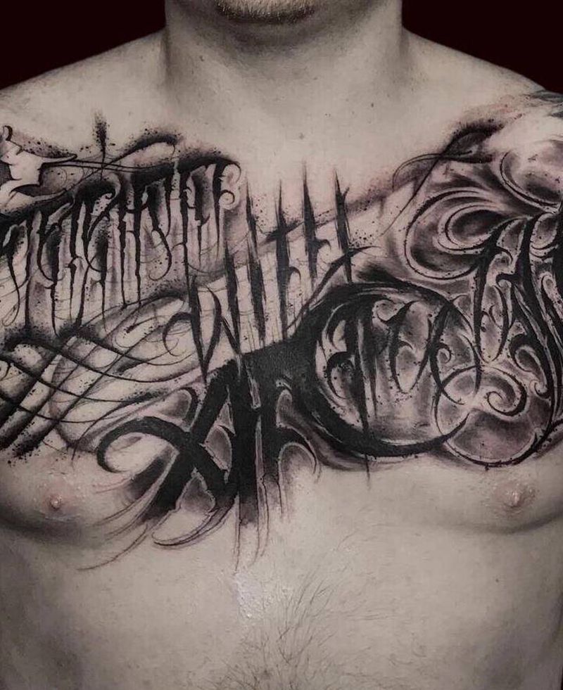 暗黑花体字纹身图片_胸部花体字纹身图案