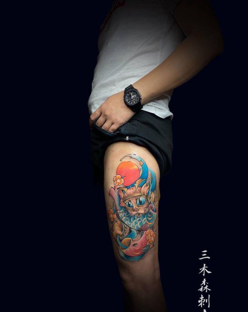 Fortune Cat纹身图片_腿部水彩纹身图案