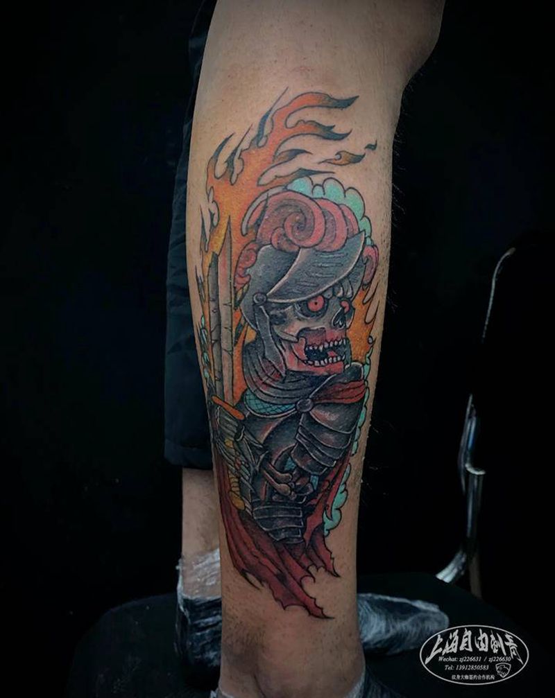 重彩死神纹身图片_腿部欧美写实死神骷髅纹身图案