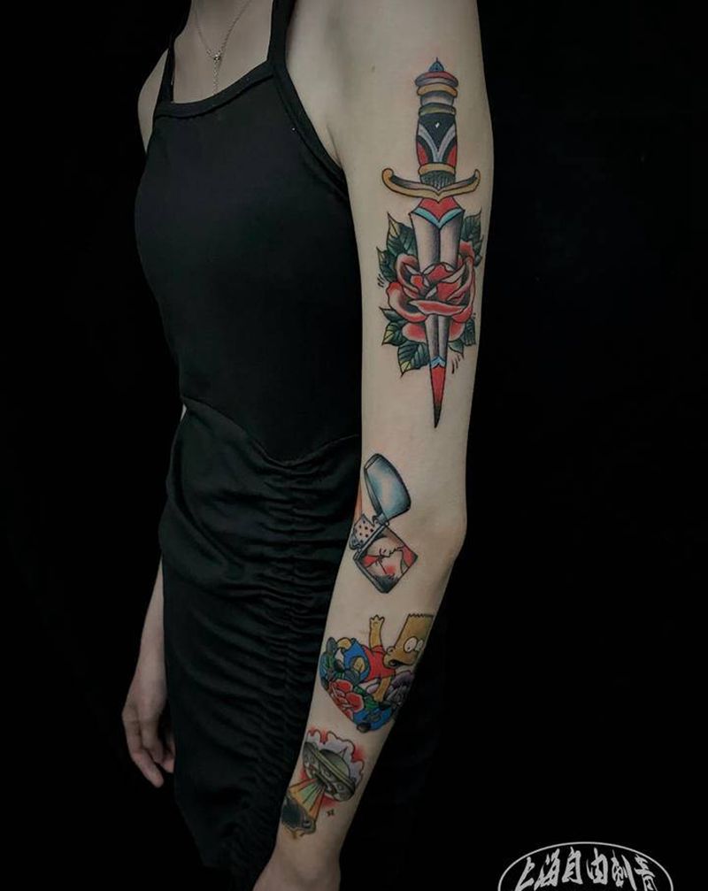 old school花臂纹身图片_手臂Old School花臂纹身图案