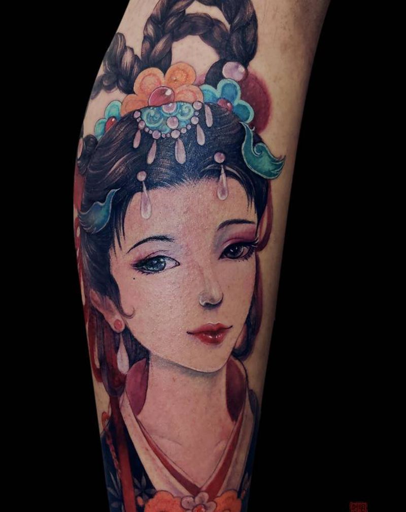 嫦娥纹身图片_腿部新传统艺妓古风花旦纹身图案