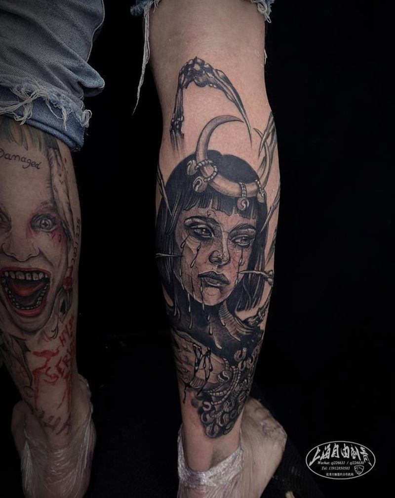 欧美暗黑女纹身图片_腿部欧美写实女人纹身图案