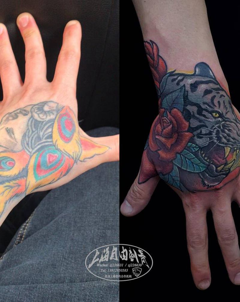 老虎玫瑰 暴力遮盖纹身图片_手部New School老虎玫瑰纹身图案