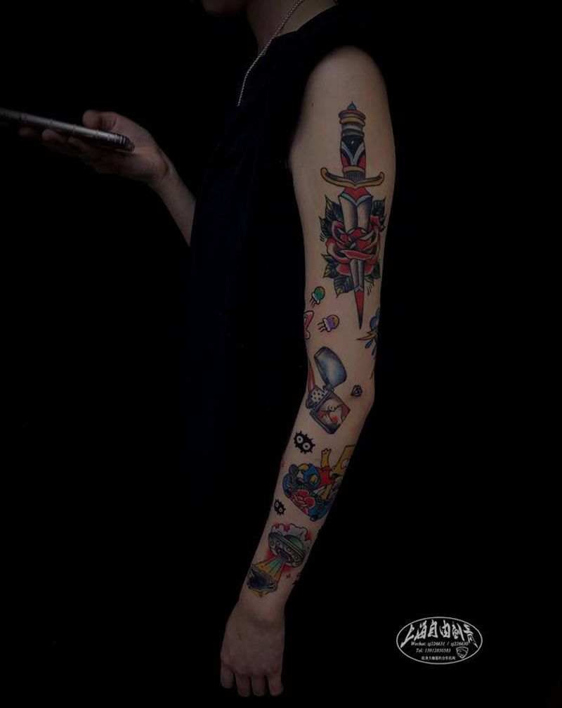 拼接花臂 未完成纹身图片_手臂New SchoolOld School拼接花臂纹身图案