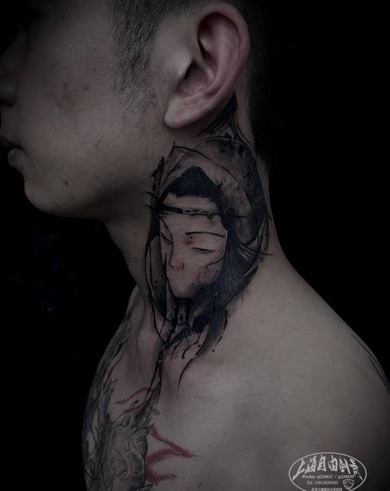 面具纹身图片_颈部水墨欧美写实面具纹身图案