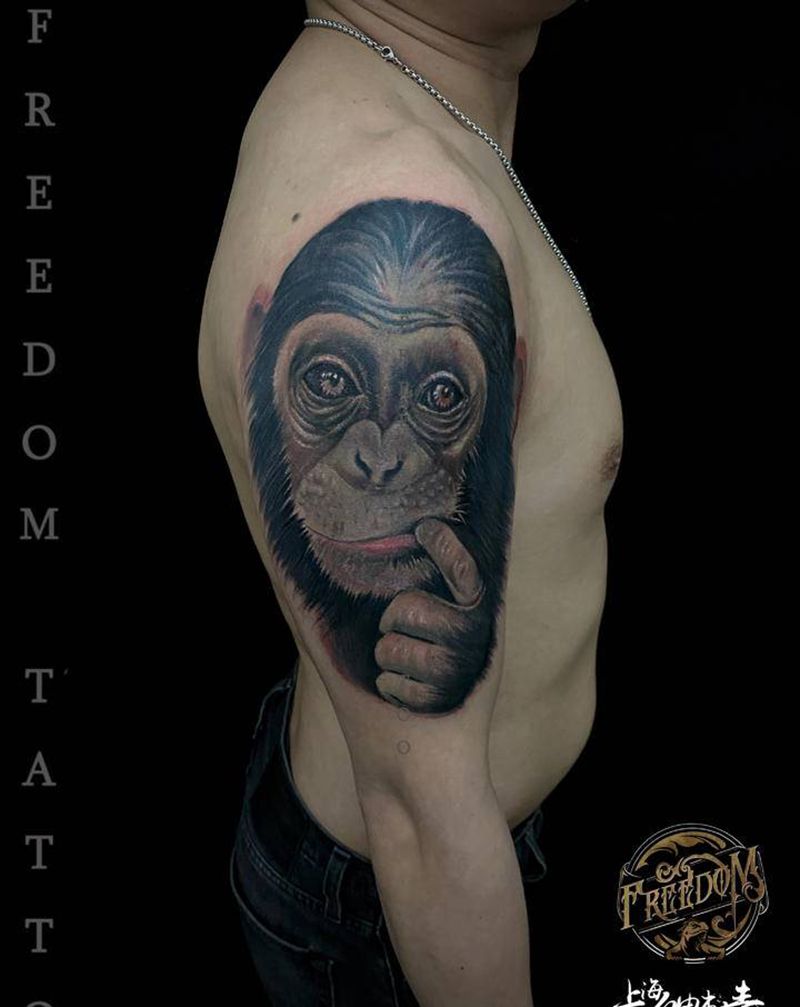 猩猩 遮盖作品纹身图片_手臂欧美写实重彩遮盖猩猩纹身图案