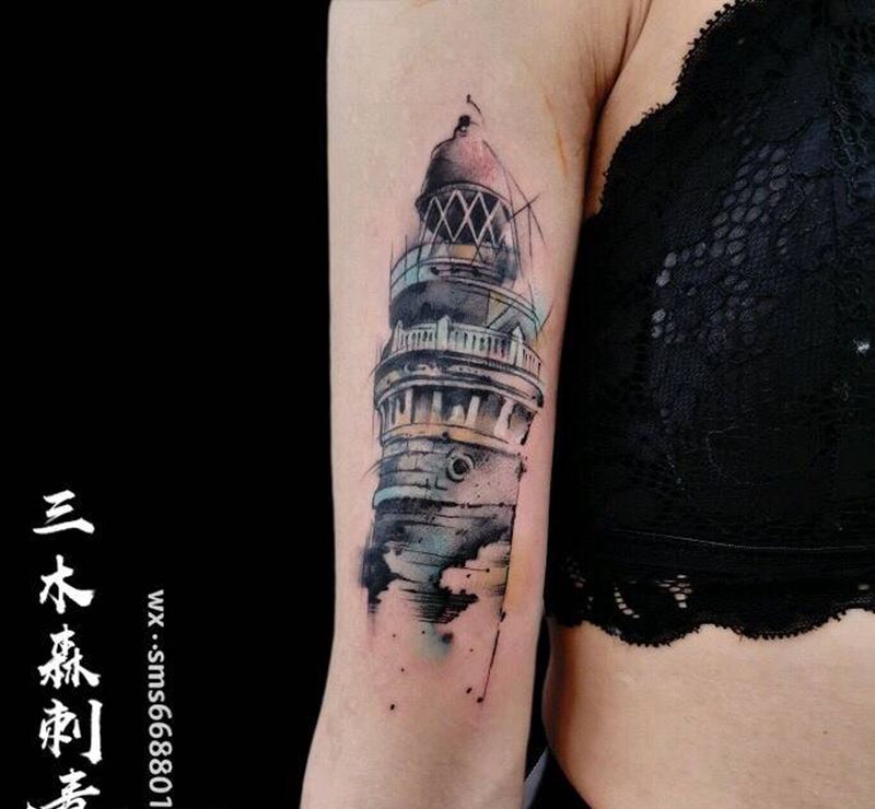 灯塔纹身图片_手部水彩纹身图案