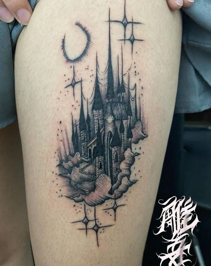 城堡纹身图片_腿部点刺纹身图案