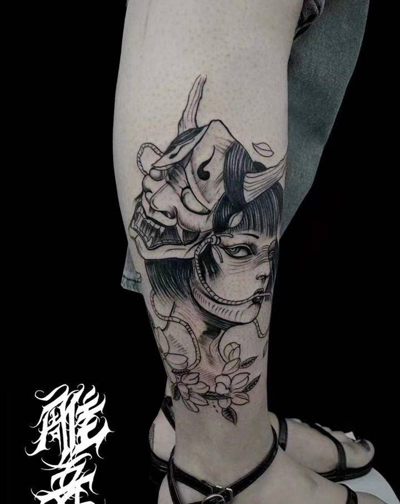 艺妓纹身图片_腿部新传统纹身图案