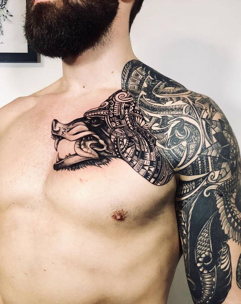 Wolf  totem纹身图片_肩部手臂图腾欧美写实纹身图案