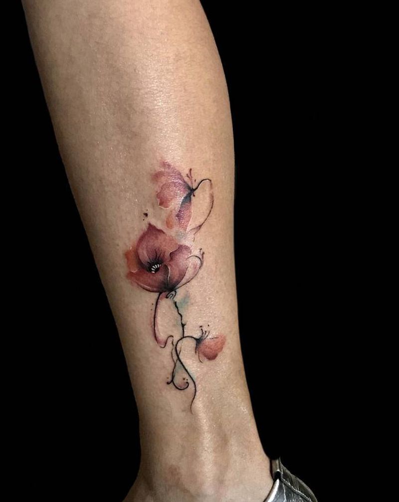 水墨花纹身图片_腿部水彩水墨纹身图案