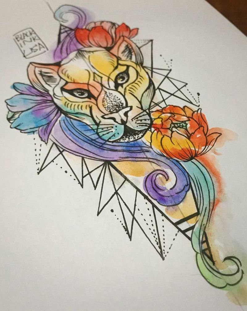 狮子手稿纹身图片_腿部手臂水彩几何纹身图案