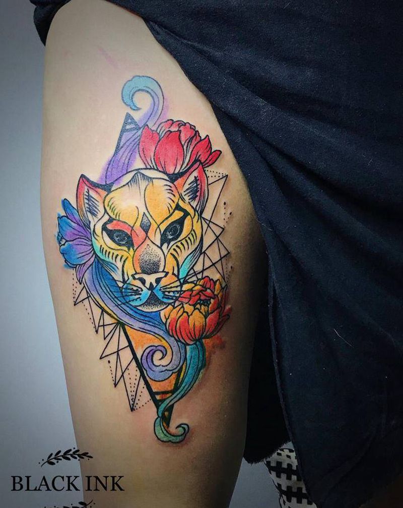 狮子座 水彩纹身图片_腿部水彩点刺纹身图案