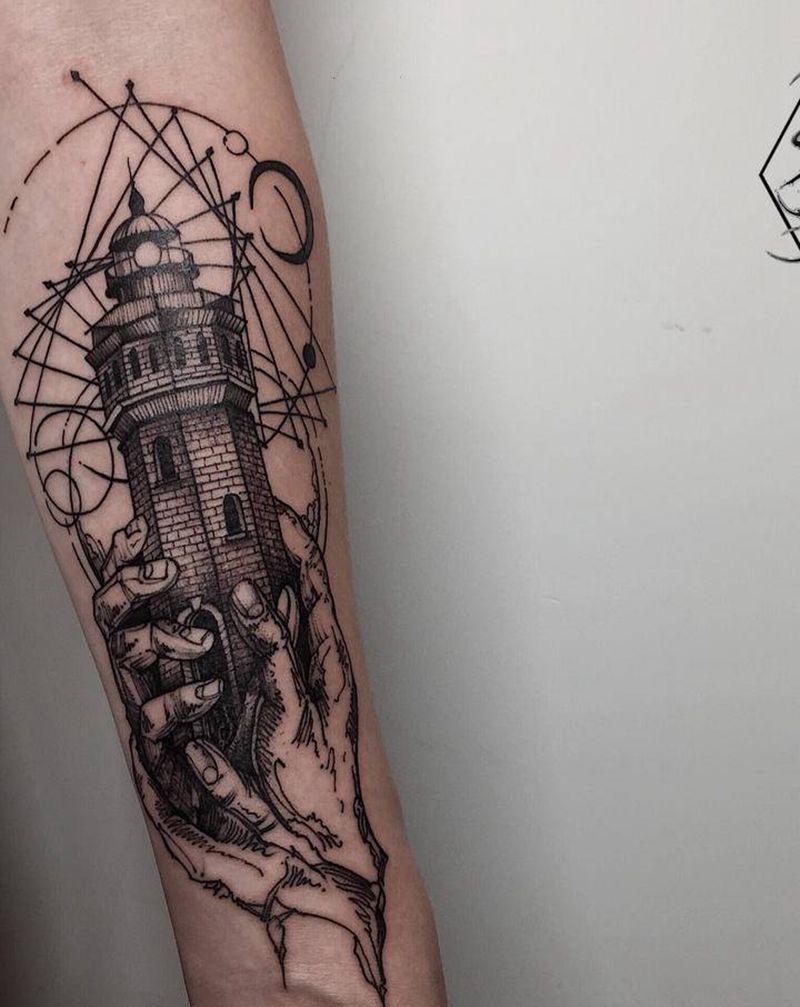 线条灯塔纹身图片_手臂手部New School几何灯塔纹身图案