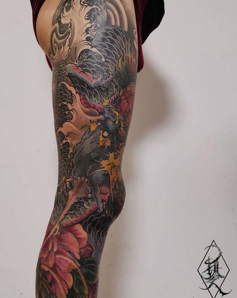彩色整腿龙传统未完纹身图片_腿部手臂老传统龙纹身图案