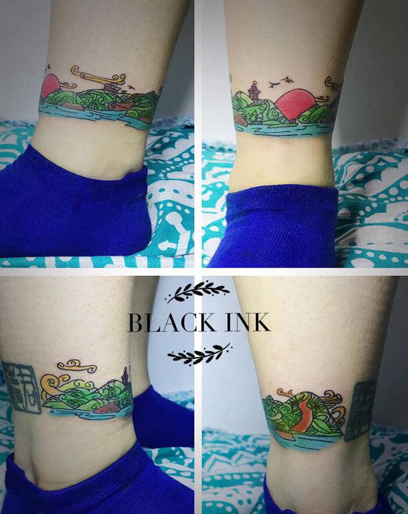 水彩风格脚环纹身图片_脚部水彩水墨纹身图案