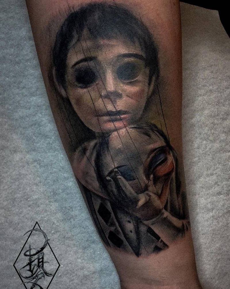 面具人偶纹身图片_手部手臂欧美写实纹身图案