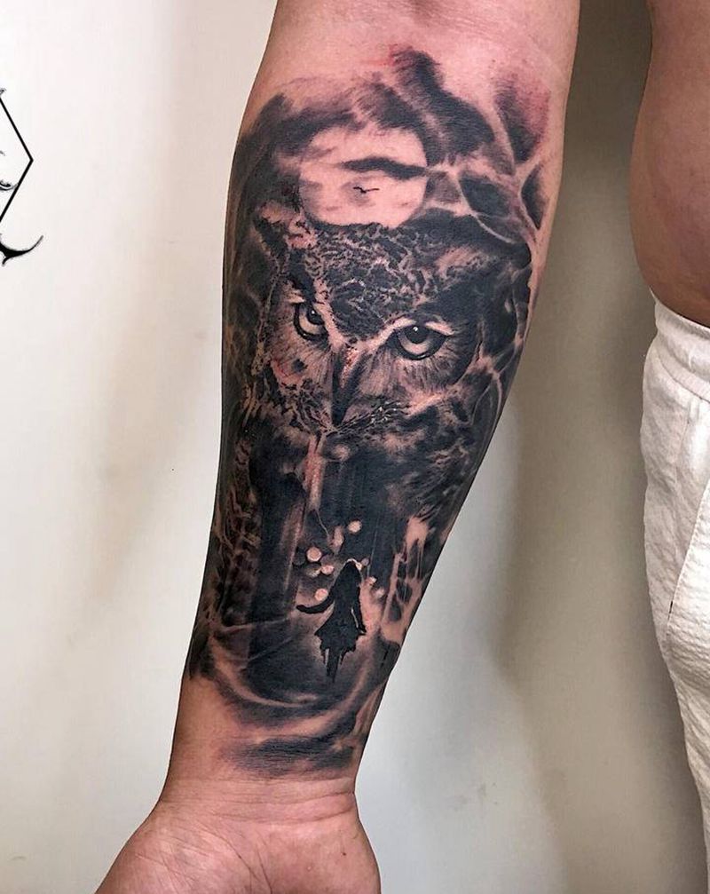 猫头鹰纹身图片_手臂欧美写实纹身图案