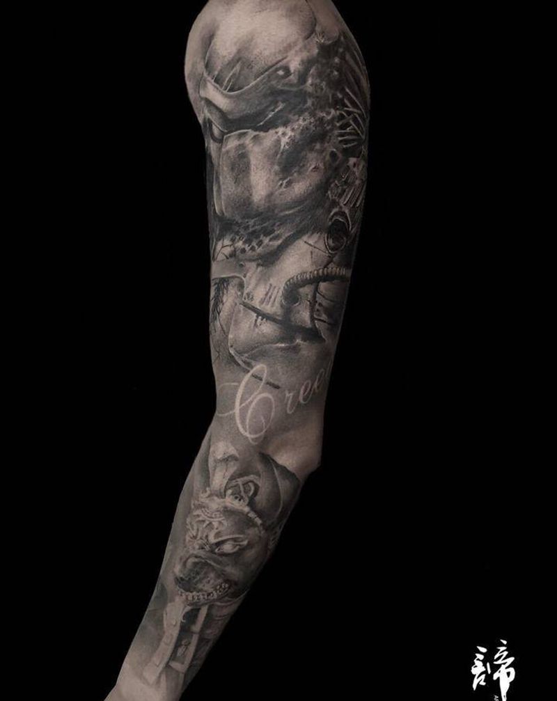 铁血战士花臂纹身图片_手臂欧美写实纹身图案