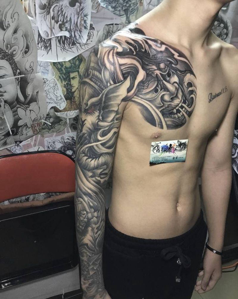 半甲花臂纹身图片_手臂胸部老传统般若象神花臂 板甲纹身图案