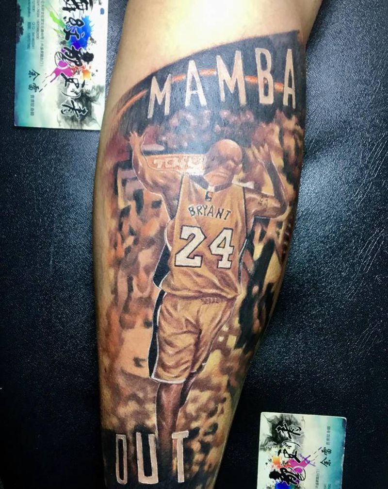科比纹身图片_腿部水彩欧美写实科比纹身图案
