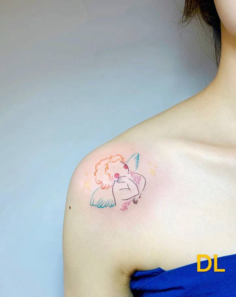 小天使纹身图片_肩部水彩纹身图案