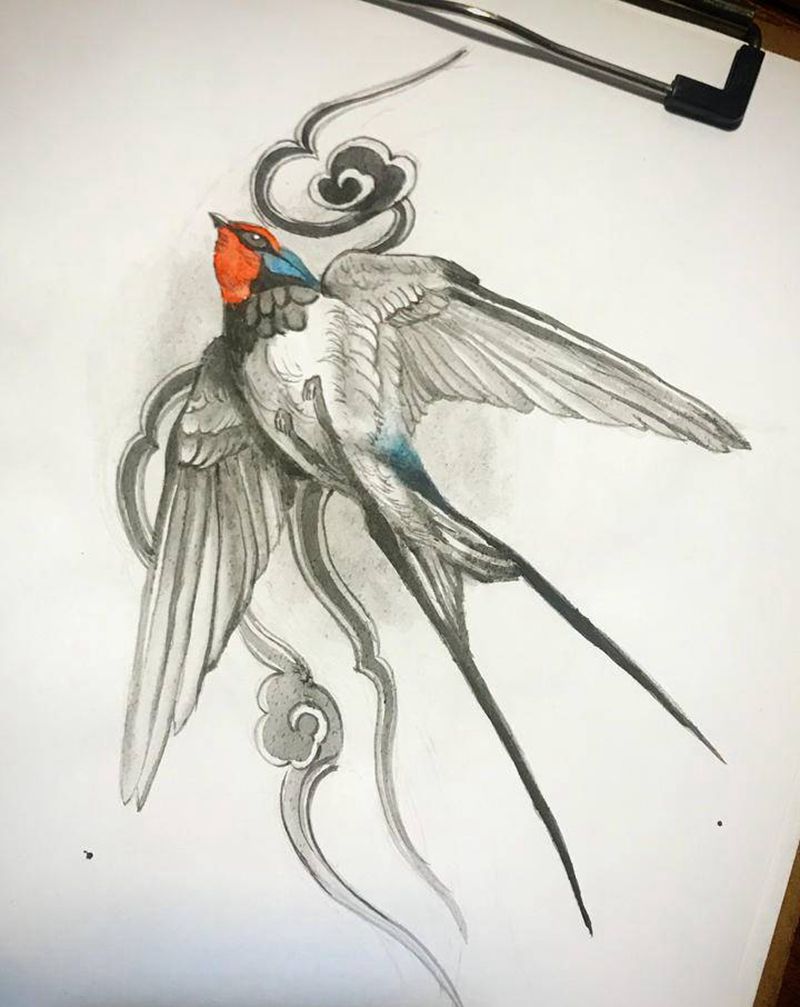 燕手稿纹身图片_背部水彩水墨纹身图案