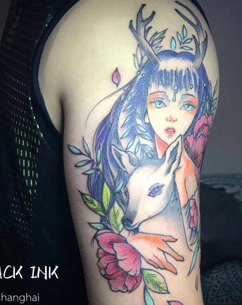 少女与鹿纹身图片_手臂New School纹身图案