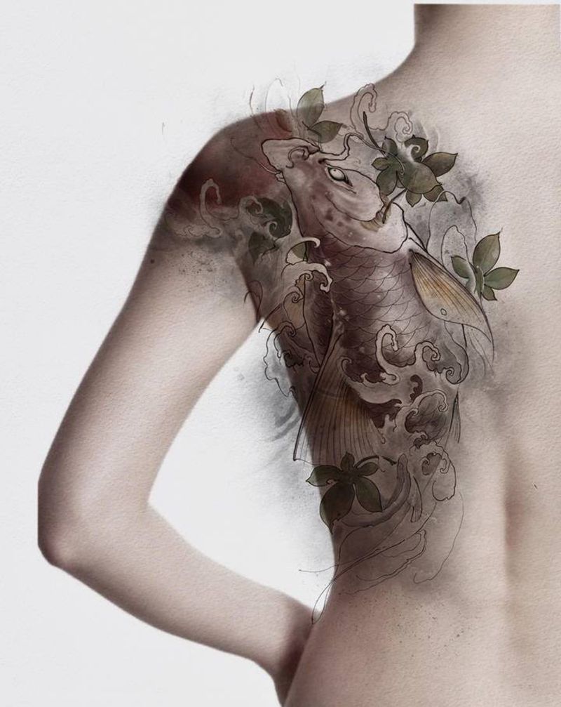 新稿待约昂纹身图片_背部新传统纹身图案