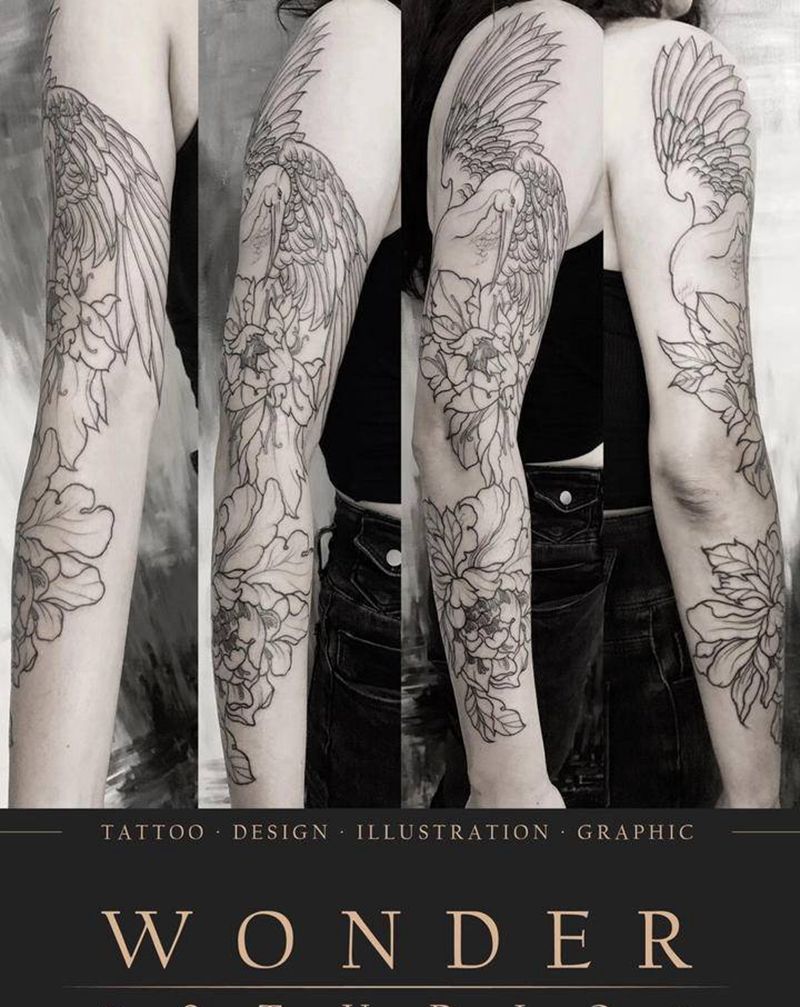 暗黑点刺花臂（割线部分）纹身图片_手部欧美写实几何花仙鹤纹身图案