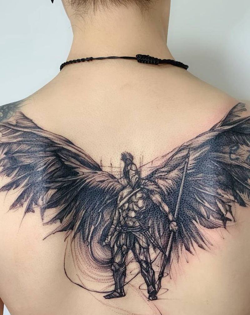 骑士纹身图片_背部欧美写实点刺纹身图案