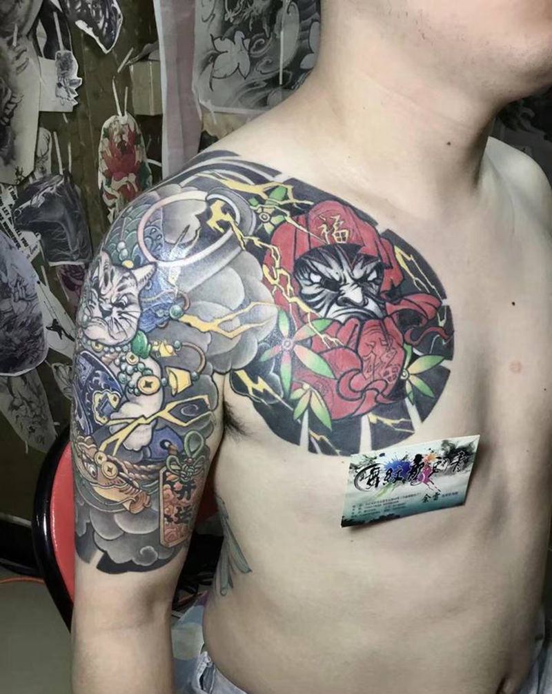 半甲纹身图片_胸部手臂新传统纹身图案