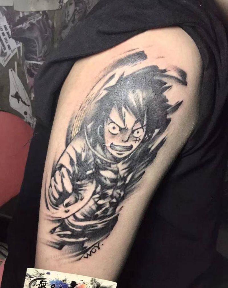 路飞纹身图片_手臂水墨纹身图案