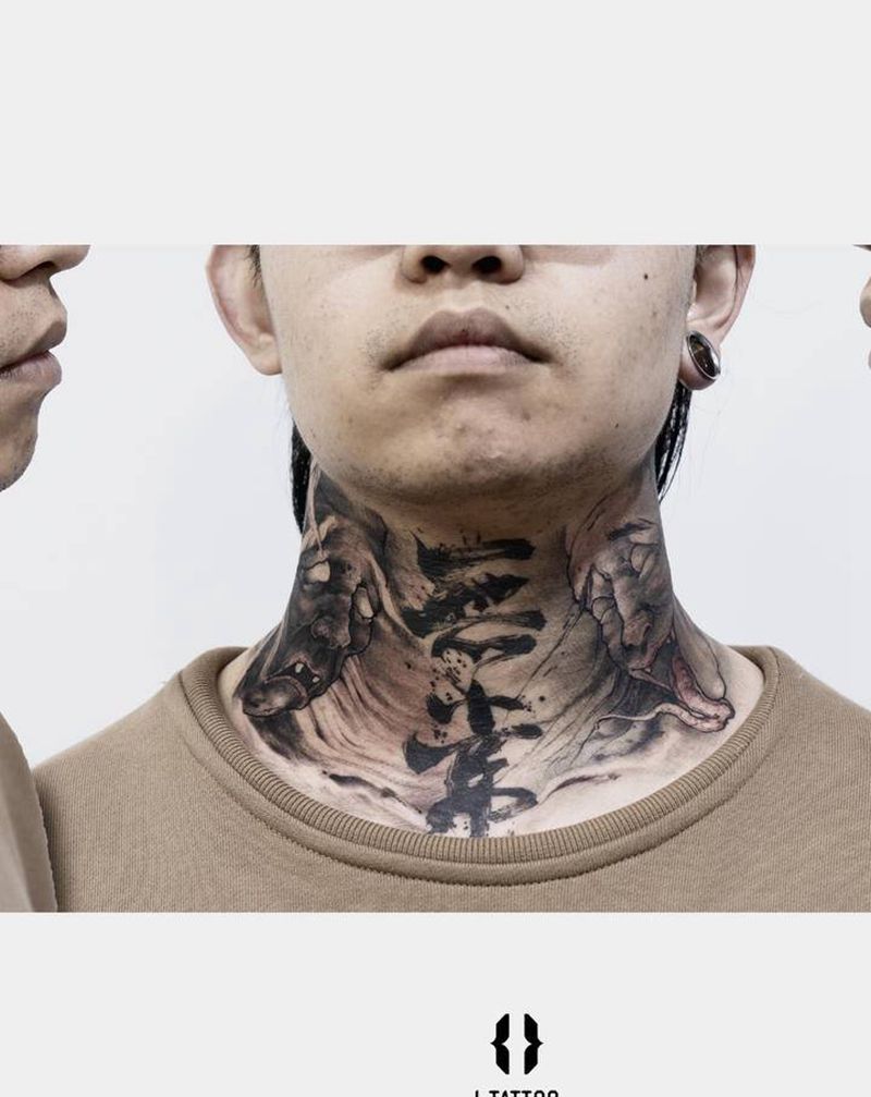 黑白无常纹身图片_颈部新传统纹身图案