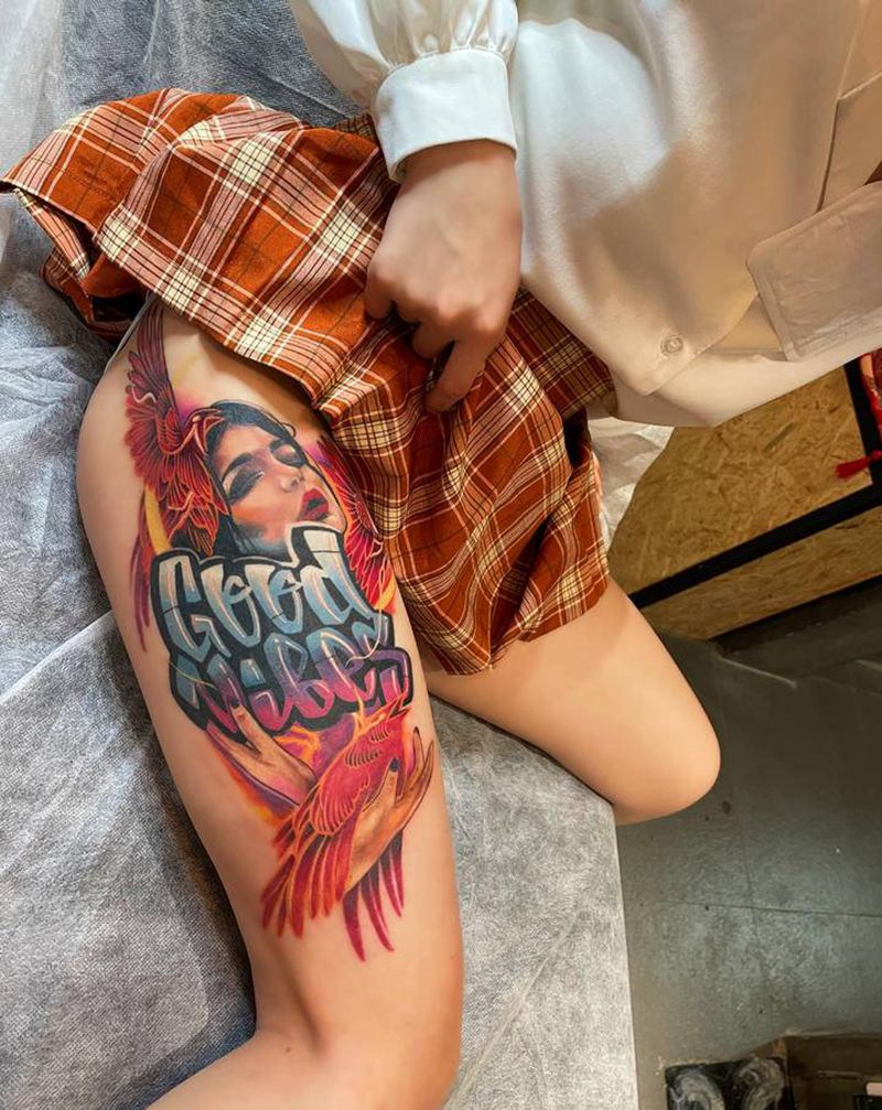 欧美新彩色纹身图片_腿部欧美写实New School纹身图案