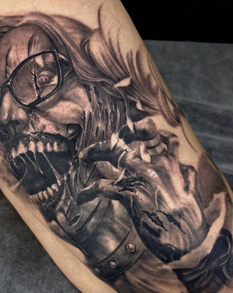 小丑女暗黑纹身图片_腿部欧美写实纹身图案