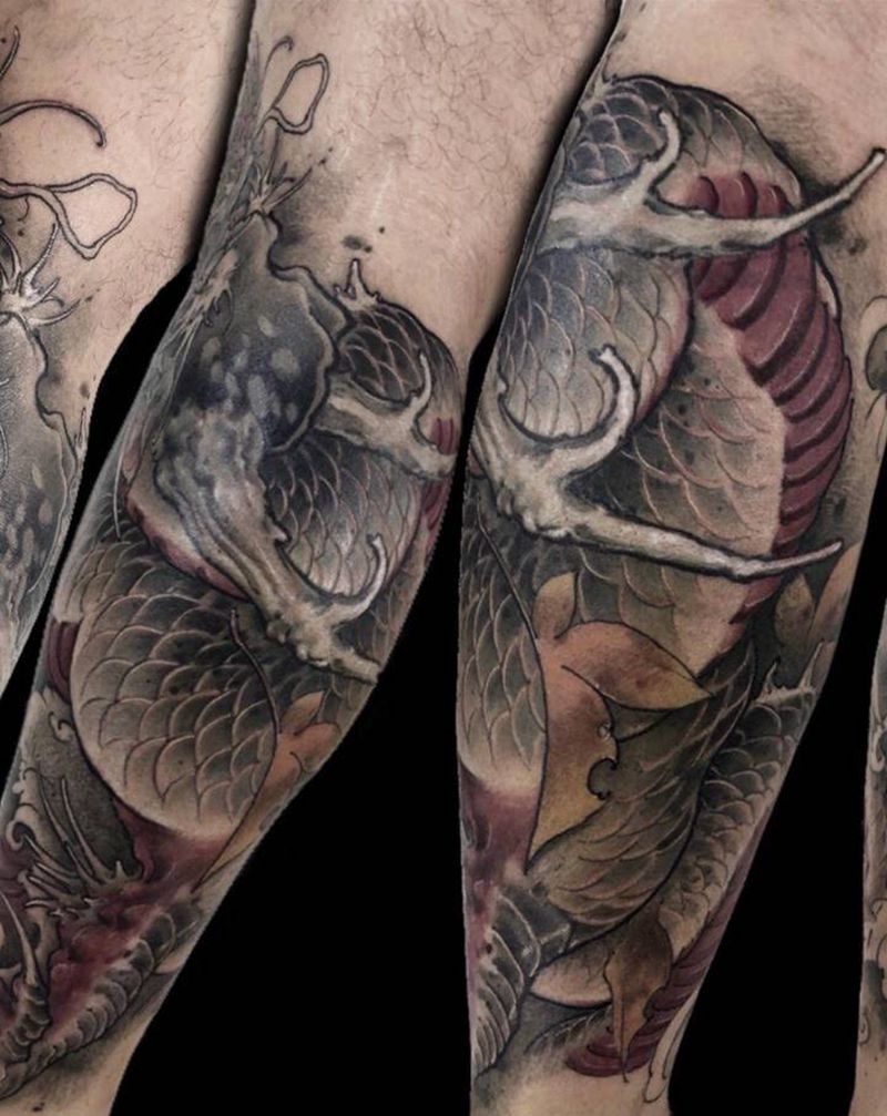 小腿龙纹身图片_腿部新传统纹身图案